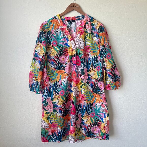 Lior Paris Dress Womens XL Rainbow Tropical Floral Art Print Eyelet Embroidered - Picture 1 of 9